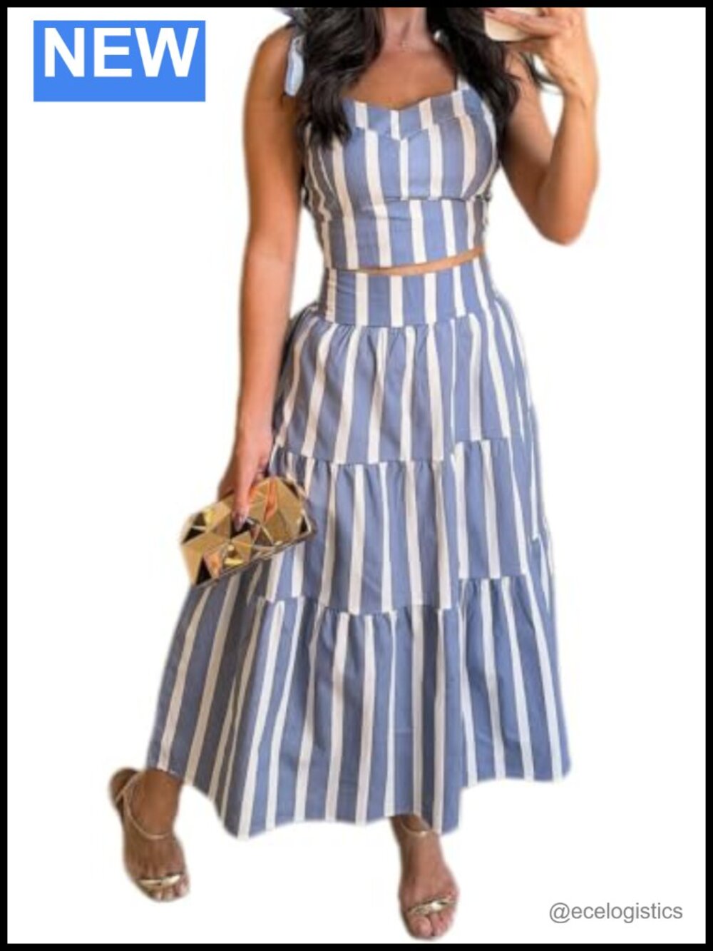 Women's Two Piece Skirt Set Halter Top Maxi Skirt Striped Vacation Outfit